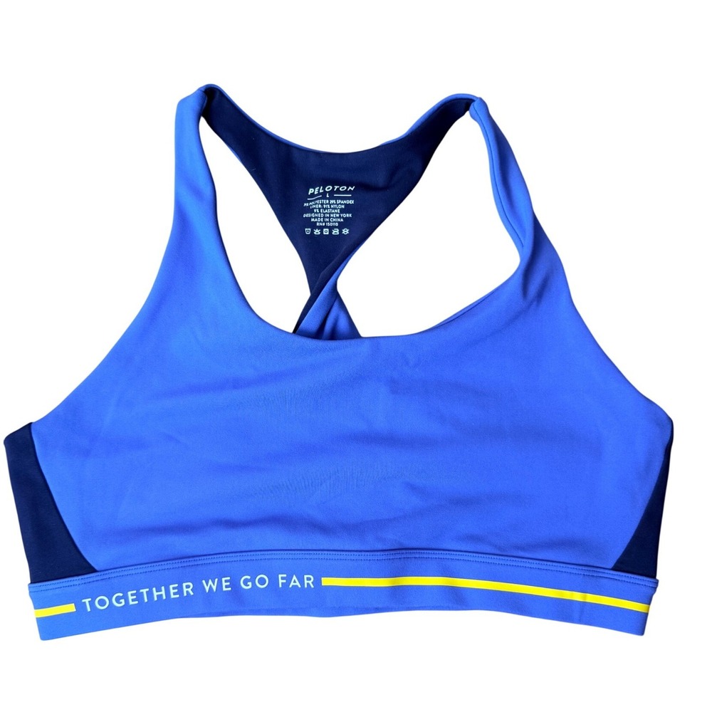Peloton Womens Racerback Sports Bra Blue Navy Together We Go Far Size Large